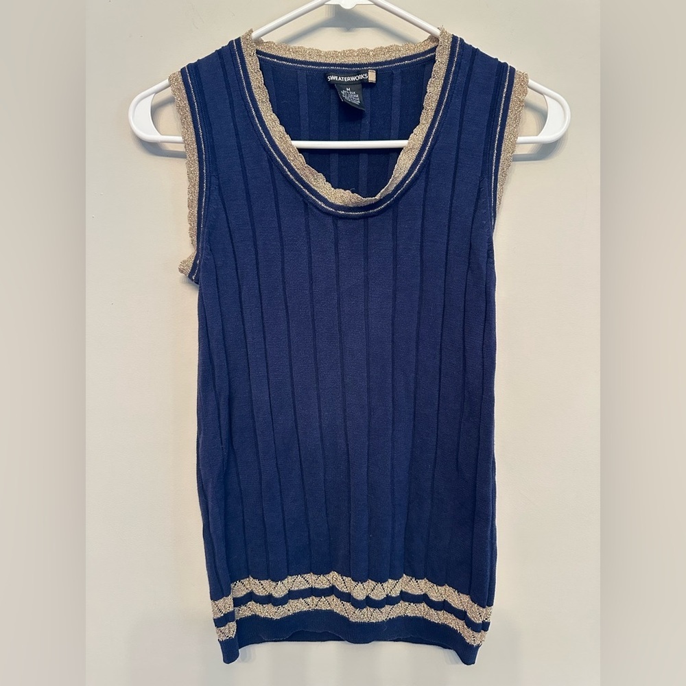 Y2K Vintage Sweaterworks Navy Tank Top with Cream Lace Medium